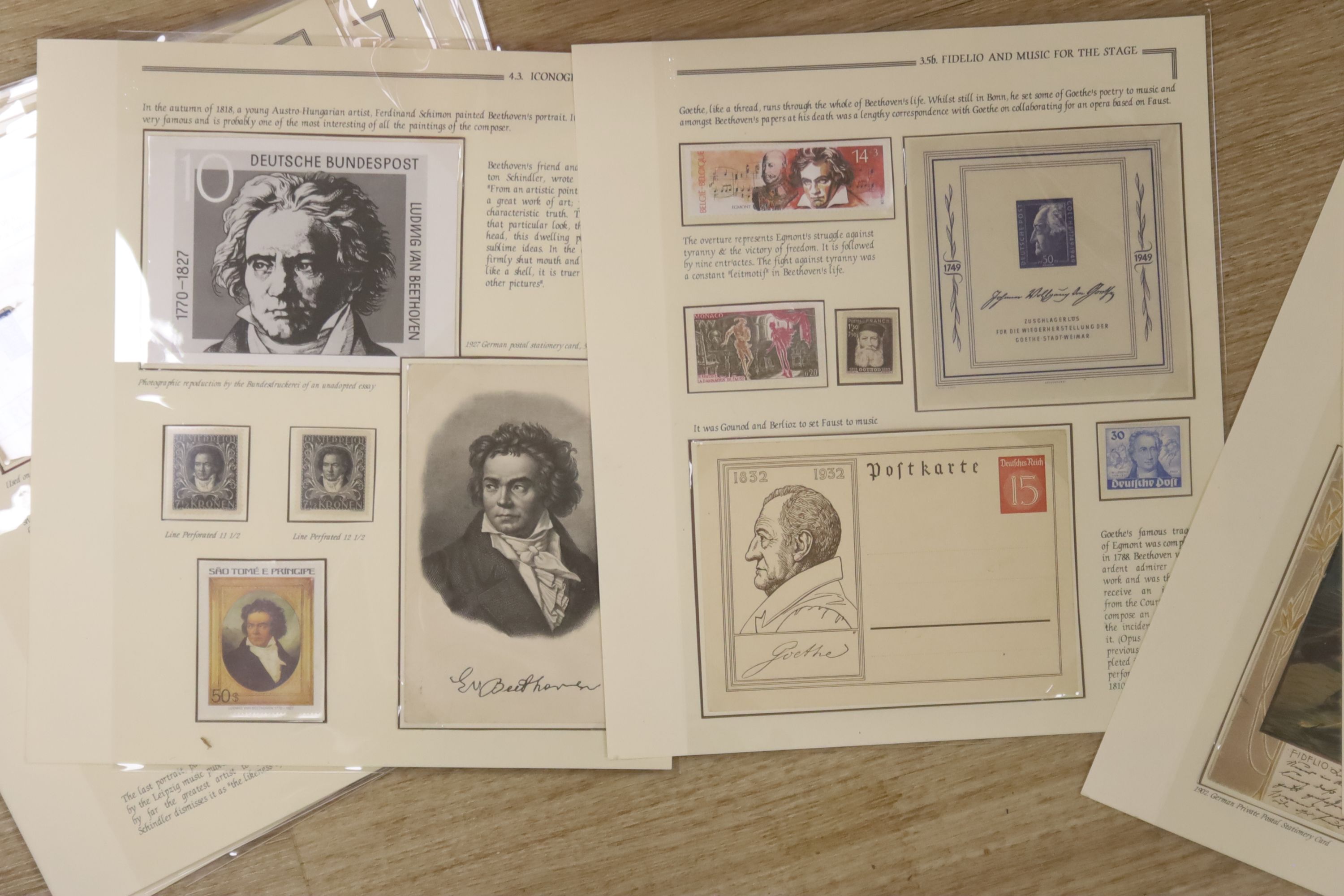 Various stamps in folders, stock books with Great Britain 1840 1d Mulready used, 1913 seahorse 2sh.6.d specimen, various themes with Diana, Music – Beethoven, Flowers, F.D.covers, booklet panes etc. 2 boxes